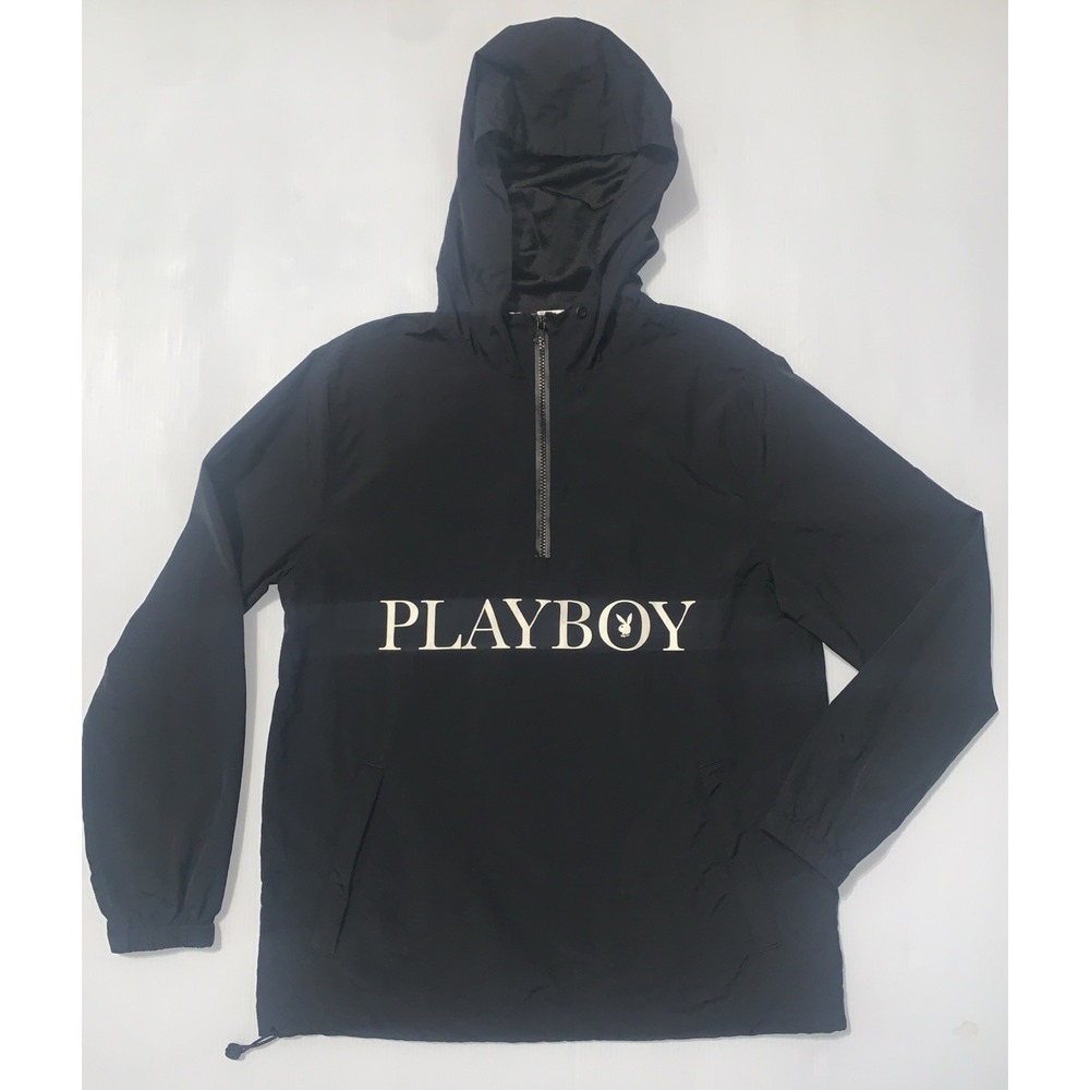 Playboy by Pacsun Iconic Bunny Logo Windbreaker Black Jacket Size Small 1/4 Zip